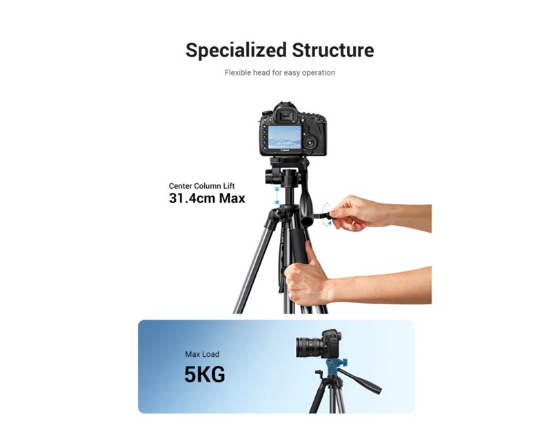 UGREEN LP661 Stativ tripod za foto i video, nosivost 5kg, visina 53.5-175cm, 360° Pan,180° Tilt, za mobitele, akcijske kamere, DSLR fotoaparate, ručne kamkordere, projektore 