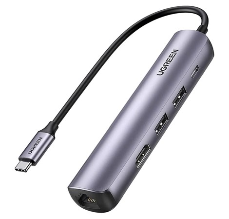 UGREEN 5-portni USB-C HUB 2xUSB-A 3.0 A, 1xHDMI, 1xRJ45, 1x USB-C PD, sivi