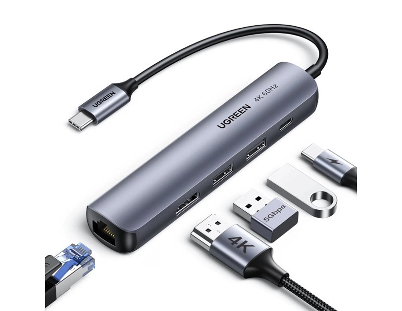 UGREEN 5-portni USB-C HUB 2xUSB-A 3.0 A, 1xHDMI, 1xRJ45, 1x USB-C PD, sivi