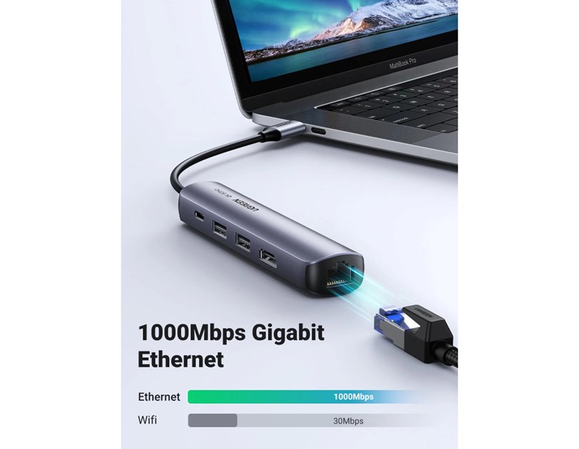 UGREEN 5-portni USB-C HUB 2xUSB-A 3.0 A, 1xHDMI, 1xRJ45, 1x USB-C PD, sivi