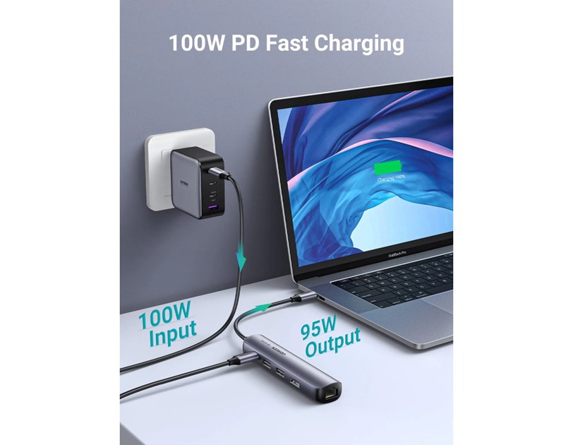 UGREEN 5-portni USB-C HUB 2xUSB-A 3.0 A, 1xHDMI, 1xRJ45, 1x USB-C PD, sivi