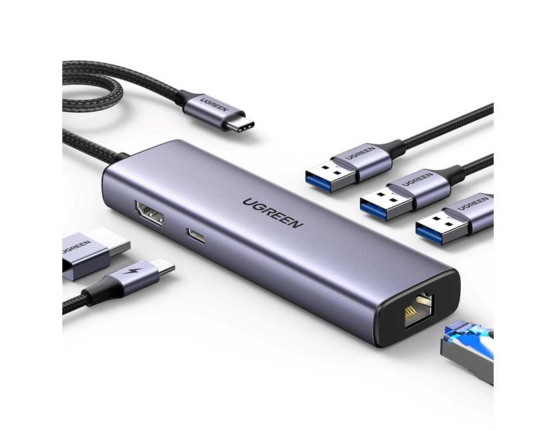 UGREEN 6-portni USB-C HUB USB-C 3×USB-A 3.0, 1×HDMI,1×RJ45,1×USB-C PD, sivi