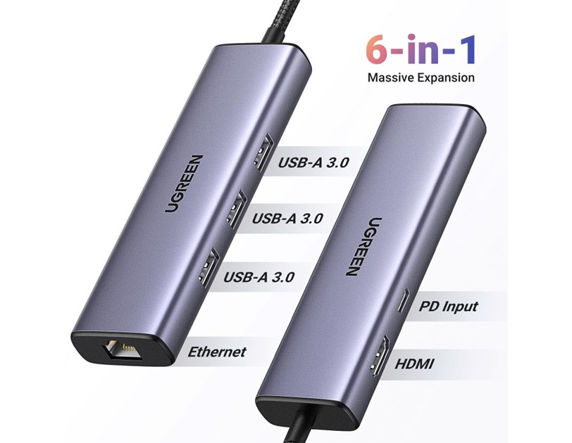UGREEN 6-portni USB-C HUB USB-C 3×USB-A 3.0, 1×HDMI,1×RJ45,1×USB-C PD, sivi