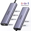UGREEN 6-portni USB-C HUB USB-C 3×USB-A 3.0, 1×HDMI,1×RJ45,1×USB-C PD, sivi