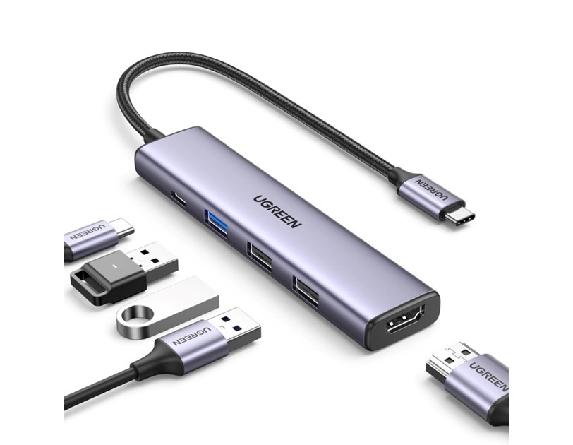 UGREEN 5-portni Revodok 105 USB-C HUB, 3xUSB-A, 1xUSB-C 100W PD, 1xHDMI 4K 30Hz, sivi