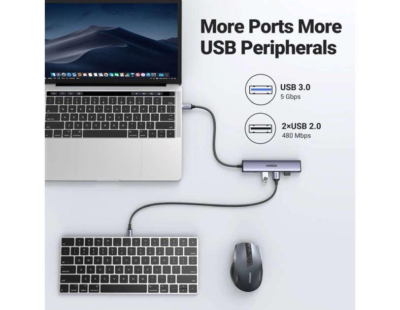 UGREEN 5-portni Revodok 105 USB-C HUB, 3xUSB-A, 1xUSB-C 100W PD, 1xHDMI 4K 30Hz, sivi