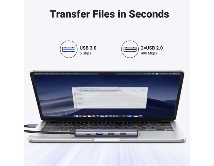 UGREEN 5-portni Revodok 105 USB-C HUB, 3xUSB-A, 1xUSB-C 100W PD, 1xHDMI 4K 30Hz, sivi