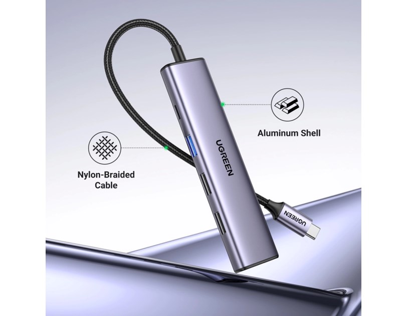 UGREEN 5-portni Revodok 105 USB-C HUB, 3xUSB-A, 1xUSB-C 100W PD, 1xHDMI 4K 30Hz, sivi