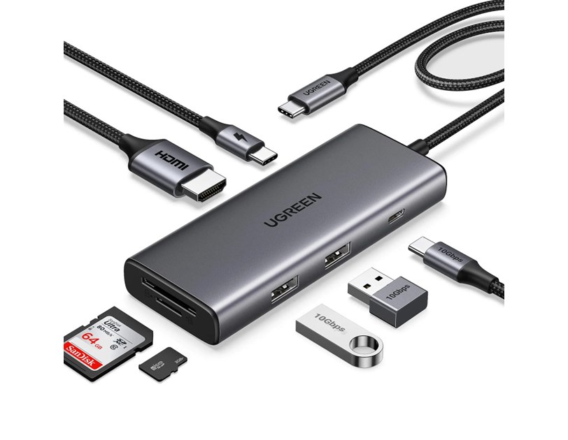 UGREEN 7-portni USB-C HUB 2x USB-A 3.2, 1xUSB-C, 1xUSB-C PD, 1xHDMI 4K 30Hz, 1xSD, 1xTF, sivi
