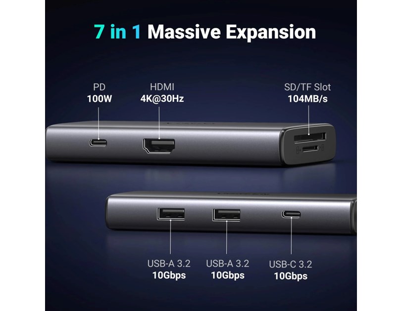 UGREEN 7-portni USB-C HUB 2x USB-A 3.2, 1xUSB-C, 1xUSB-C PD, 1xHDMI 4K 30Hz, 1xSD, 1xTF, sivi