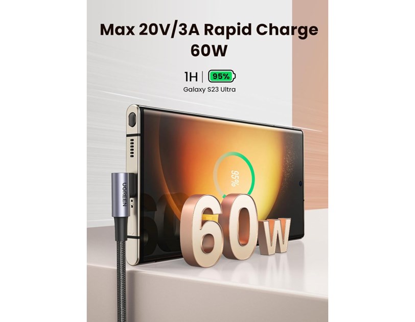 UGREEN USB-C (M) na USB-C (M), kutni 90°, 60W, 3A, PD 3.0, QC 4.0, pleteni kabel MFi, 1m