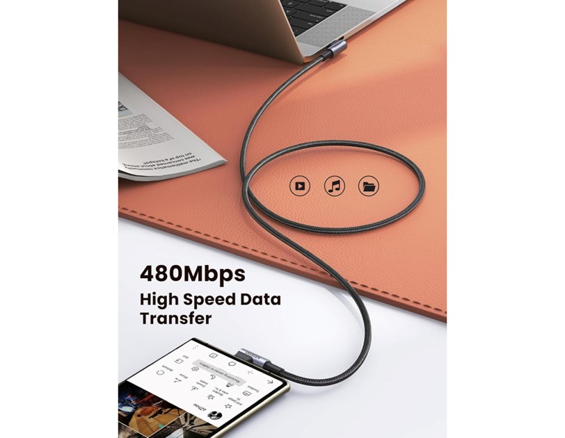 UGREEN USB-C (M) na USB-C (M), kutni 90°, 60W, 3A, PD 3.0, QC 4.0, pleteni kabel MFi, 1m