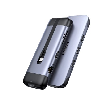 UGREEN 9-portni USB-C HUB 3xUSB-A 3.0, 1xHDMI, 1xVGA, 1xRJ45 GB, 1xSD, 1xTF, 1x USB-C PD, sivi