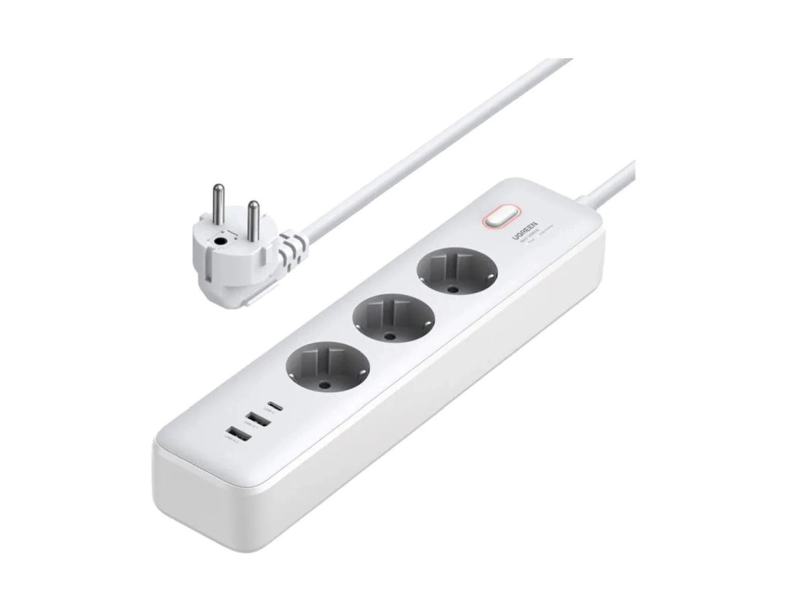 UGREEN CD286 naponska letva s prekidačem, 3x ŠUKO utičnica, Power Delivery USB-C, 2x USB-A, 2m, bijeli