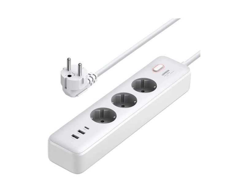 UGREEN CD286 naponska letva s prekidačem, 3x ŠUKO utičnica, Power Delivery USB-C, 2x USB-A, 2m, bijeli