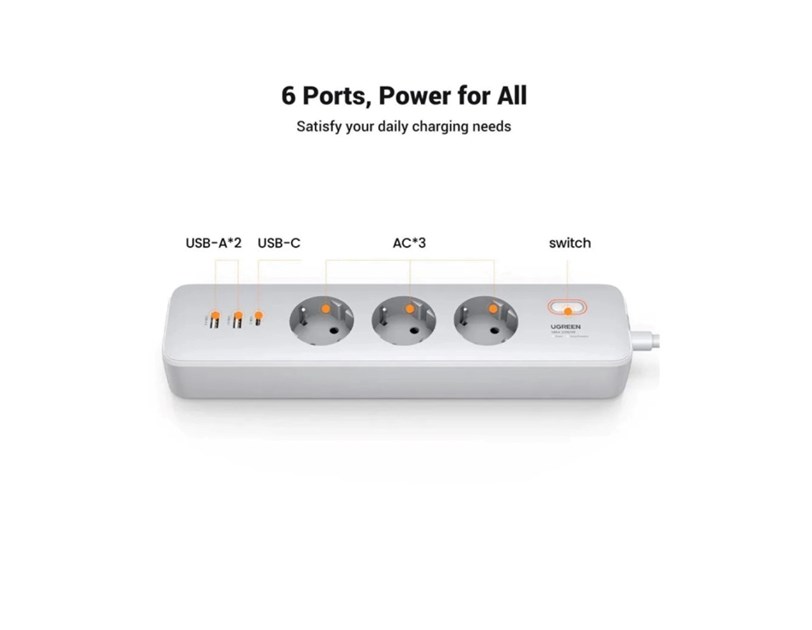 UGREEN CD286 naponska letva s prekidačem, 3x ŠUKO utičnica, Power Delivery USB-C, 2x USB-A, 2m, bijeli
