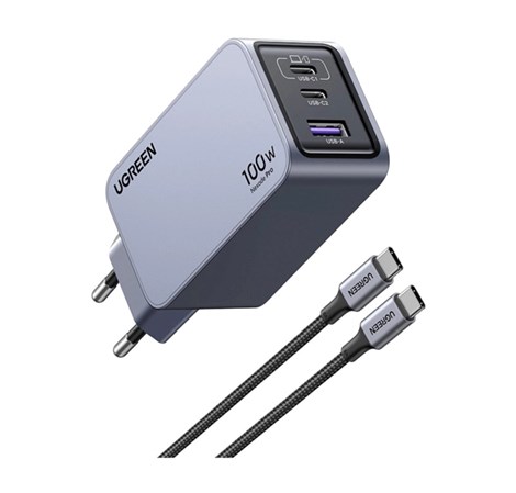 UGREEN Nexode Pro Mini FC zidni punjač 100W, 2x USB-C, USB-A, USB-C kabel, GaN, sivi