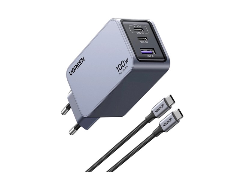 UGREEN Nexode Pro Mini FC zidni punjač 100W, 2x USB-C, USB-A, USB-C kabel, GaN, sivi