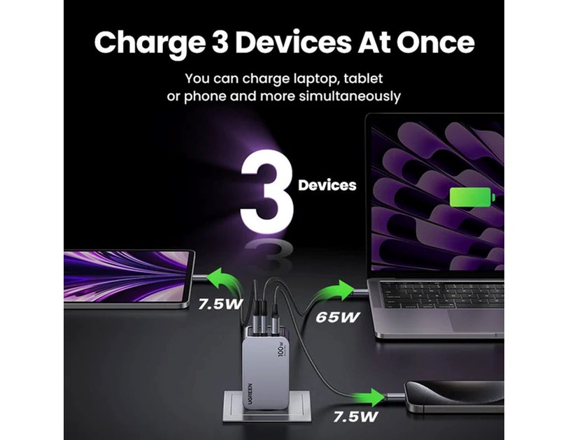 UGREEN Nexode Pro Mini FC zidni punjač 100W, 2x USB-C, USB-A, USB-C kabel, GaN, sivi