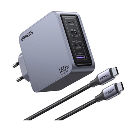 UGREEN Nexode Pro zidni punjač 160W, 3×USB-C/1×USB-A, USB-C kabel, GaN, sivi