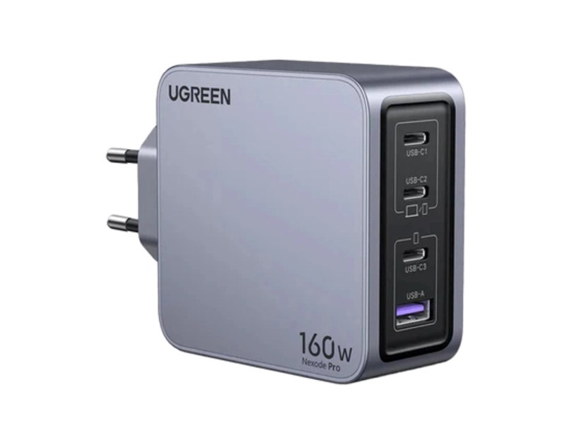 UGREEN Nexode Pro zidni punjač 160W, 3×USB-C/1×USB-A, USB-C kabel, GaN, sivi