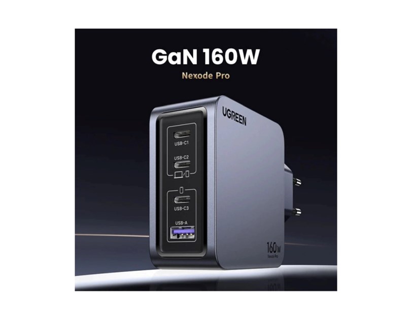 UGREEN Nexode Pro zidni punjač 160W, 3×USB-C/1×USB-A, USB-C kabel, GaN, sivi