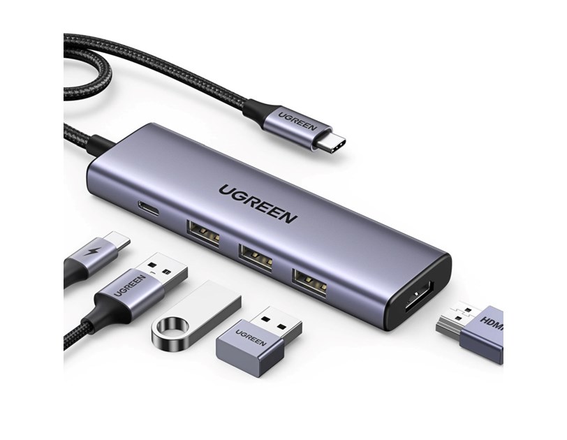 UGREEN 5-portni USB-C HUB 3x USB-A 3.2, 1xUSB-C PD, 1xHDMI 4K 30 fps, sivi