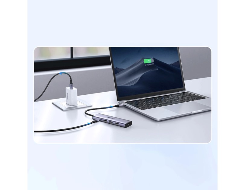 UGREEN 5-portni USB-C HUB 3x USB-A 3.2, 1xUSB-C PD, 1xHDMI 4K 30 fps, sivi