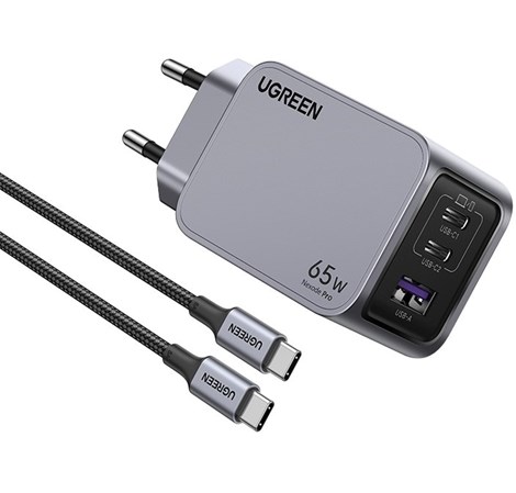 UGREEN Nexode Pro zidni punjač 65W, 2x USB-C, USB-A, USB-C kabel, GaN, sivi