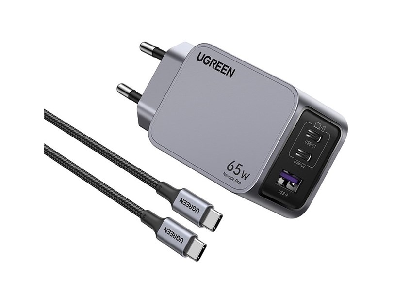 UGREEN Nexode Pro zidni punjač 65W, 2x USB-C, USB-A, USB-C kabel, GaN, sivi