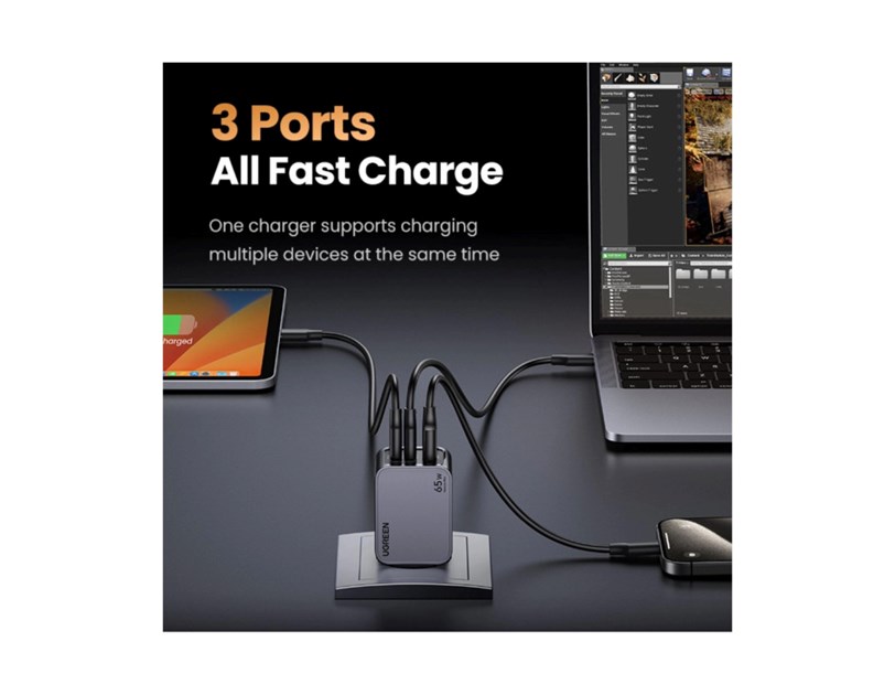 UGREEN Nexode Pro zidni punjač 65W, 2x USB-C, USB-A, USB-C kabel, GaN, sivi