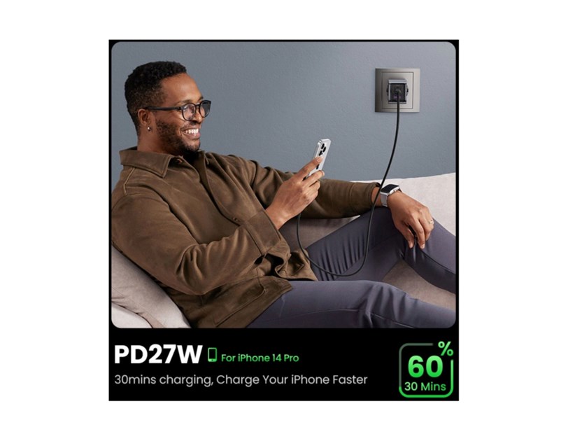 UGREEN Nexode Pro zidni punjač 65W, 2x USB-C, USB-A, USB-C kabel, GaN, sivi