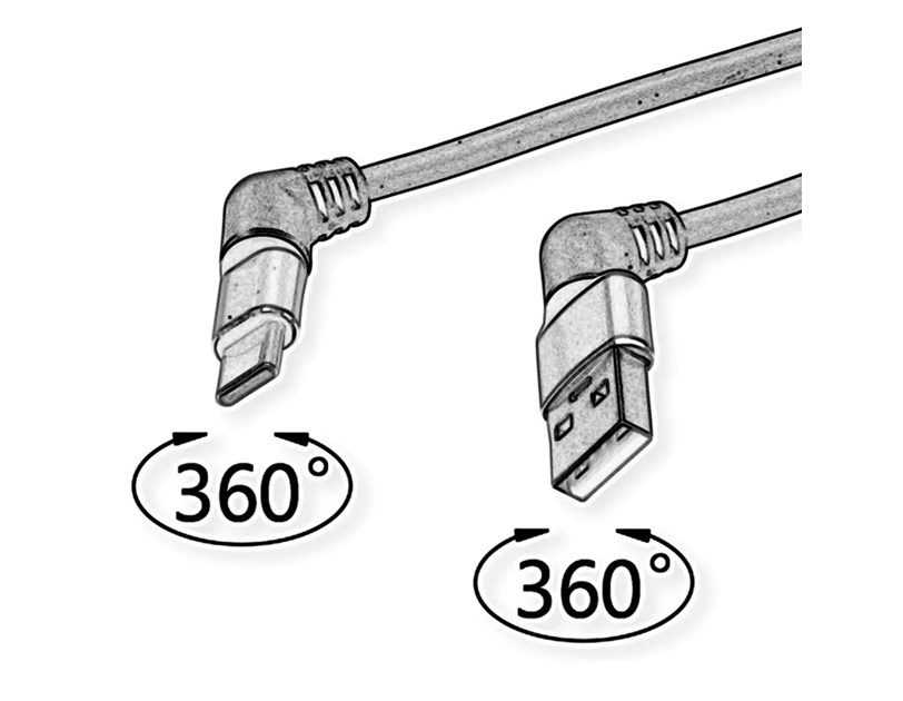 Roline 360° USB 2.0 kabel, C-A, M/M, 60W, okretni konektori, crveno/crni, 1.0m
