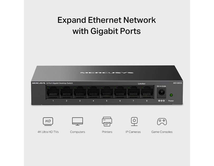 Mercusys 8-Port Gigabit Desktop preklopnik (Switch) 8×10/100/1000Mbps, Plug & Play, Auto-Negotiation, Auto-MDI/MDIX, metalno kučište 