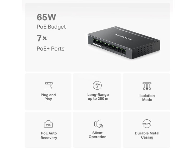 Mercusys 8-Port Gigabit Desktop preklopnik (Switch) 7× Gigabit PoE+, 1× Gigabit Non-Po, Plug & Play, metalno kučište 