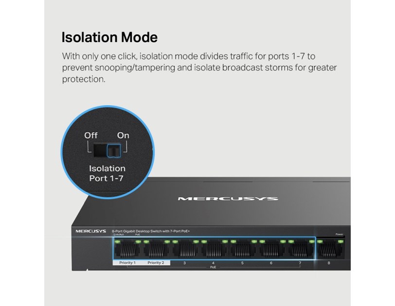 Mercusys 8-Port Gigabit Desktop preklopnik (Switch) 7× Gigabit PoE+, 1× Gigabit Non-Po, Plug & Play, metalno kučište 