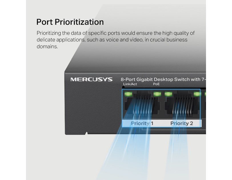 Mercusys 8-Port Gigabit Desktop preklopnik (Switch) 7× Gigabit PoE+, 1× Gigabit Non-Po, Plug & Play, metalno kučište 