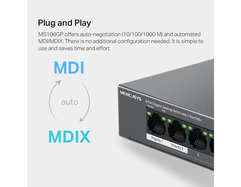 Mercusys 8-Port Gigabit Desktop preklopnik (Switch) 7× Gigabit PoE+, 1× Gigabit Non-Po, Plug & Play, metalno kučište 