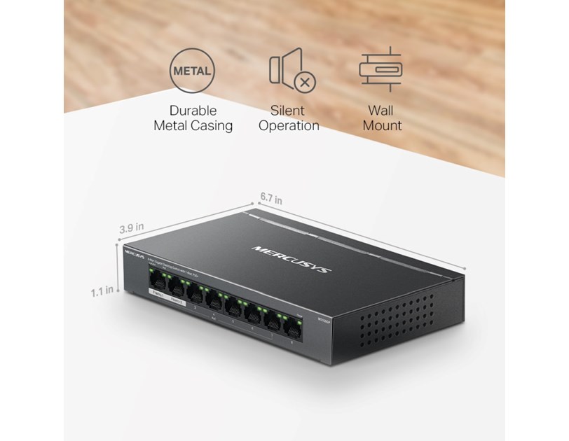 Mercusys 8-Port Gigabit Desktop preklopnik (Switch) 7× Gigabit PoE+, 1× Gigabit Non-Po, Plug & Play, metalno kučište 
