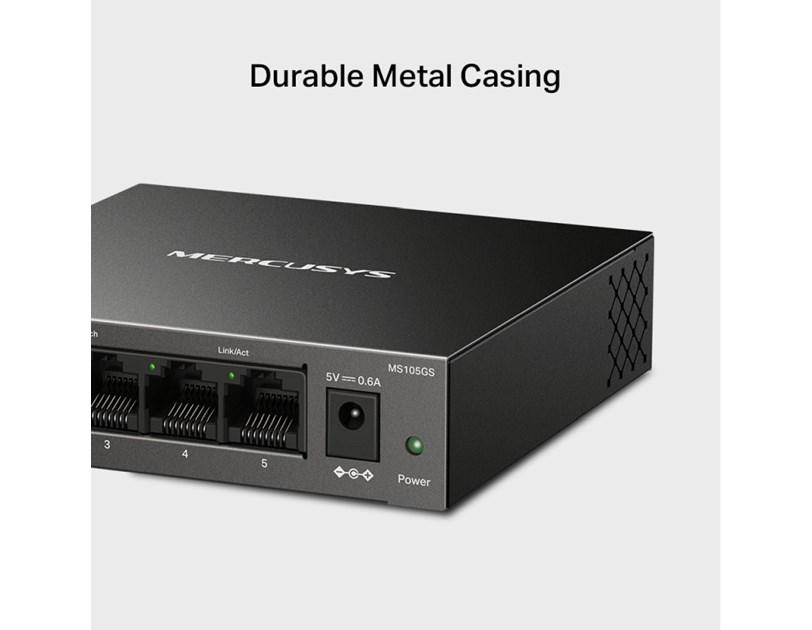 Mercusys MS105GS 5-Port Gigabit Desktop preklopnik (Switch) 5×10/100/1000Mbps, Plug & Play, Auto-Negotiation, Auto-MDI/MDIX, metalno kučište 