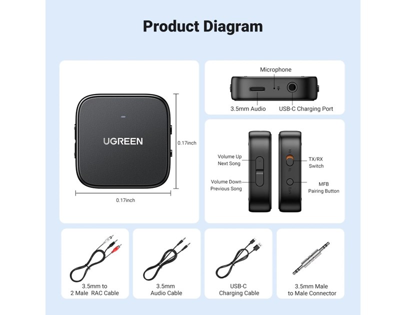 UGREEN Bežični Bežični Audio transmiter i receiver, Bluetooth, crni