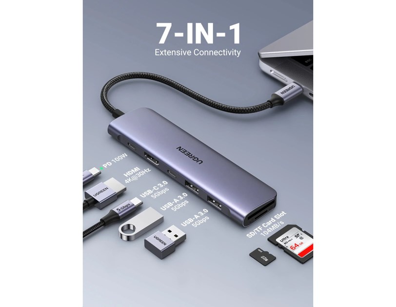 UGREEN 7-portni USB-C HUB 2xUSB-A, 1xUSB-C PD 100W, 1xUSB-C, 1xHDMI 4K, 1xSD, 1xTF, sivi