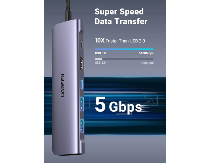 UGREEN 7-portni USB-C HUB 2xUSB-A, 1xUSB-C PD 100W, 1xUSB-C, 1xHDMI 4K, 1xSD, 1xTF, sivi