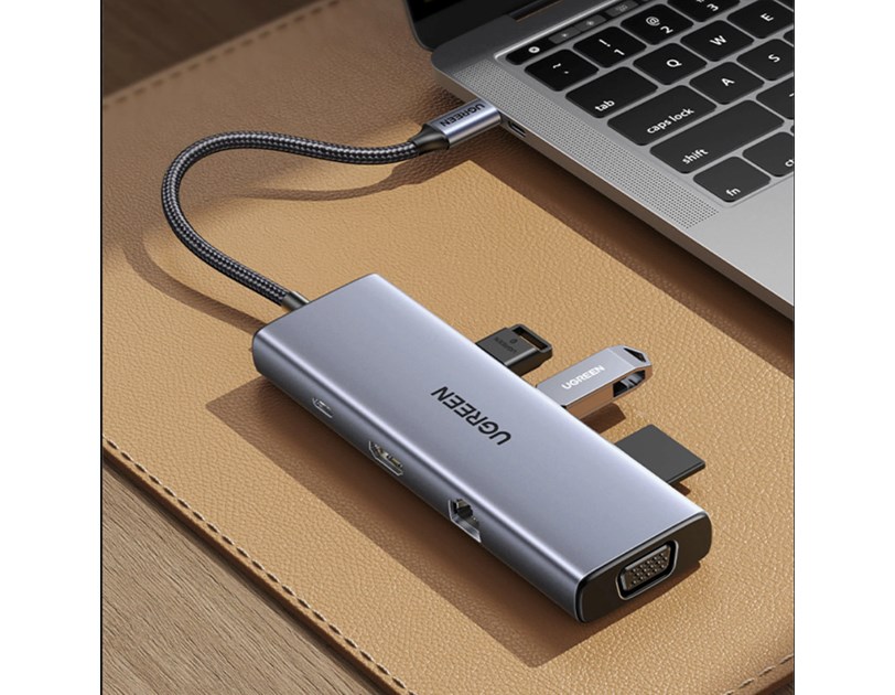 UGREEN 9-portni USB-C HUB 3xUSB-A,1xHDMI 4K 60, 1xVGA, 1xUSB-C PD 100W, 1xRJ45, 1xSD, 1xTF, sivi