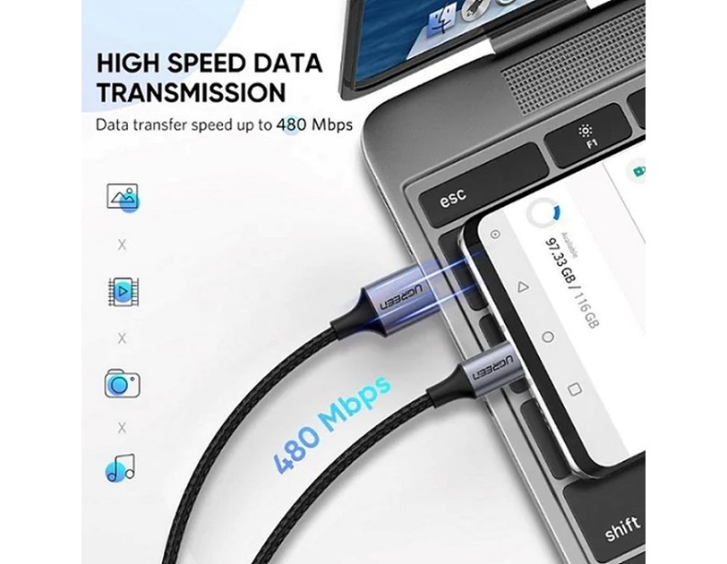 UGREEN USB-C (M) na USB-A (M) pleteni kabel MFi, 1m