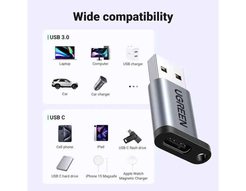 UGREEN adapter USB 3.1 C (Ž) na USB-A 3.0 (M), sivi