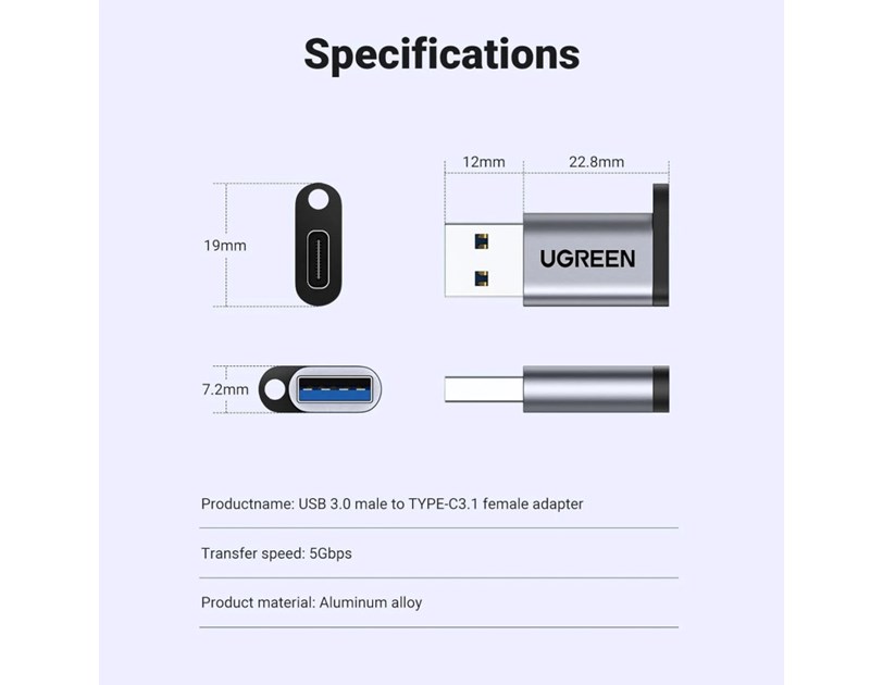 UGREEN adapter USB 3.1 C (Ž) na USB-A 3.0 (M), sivi
