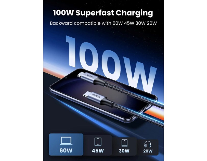 UGREEN USB-C (M) na USB-C (M), 100W, 5A, pleteni kabel MFi, 1m