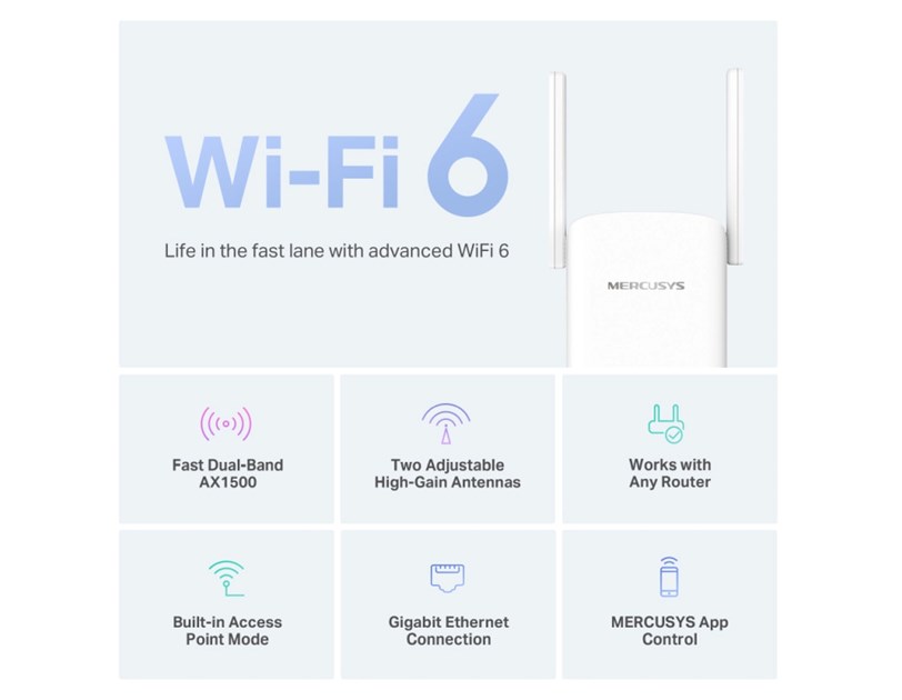Mercusys AX1500 bežični pojačivač dometa (Range Extender) 300Mbps/1201Mbps (2.4GHz/5GHz), IEEE 802.11a/n/ac/ax, 1xGigabit RJ45 Port, 2×vanjska antena fiksna, WPS tipka