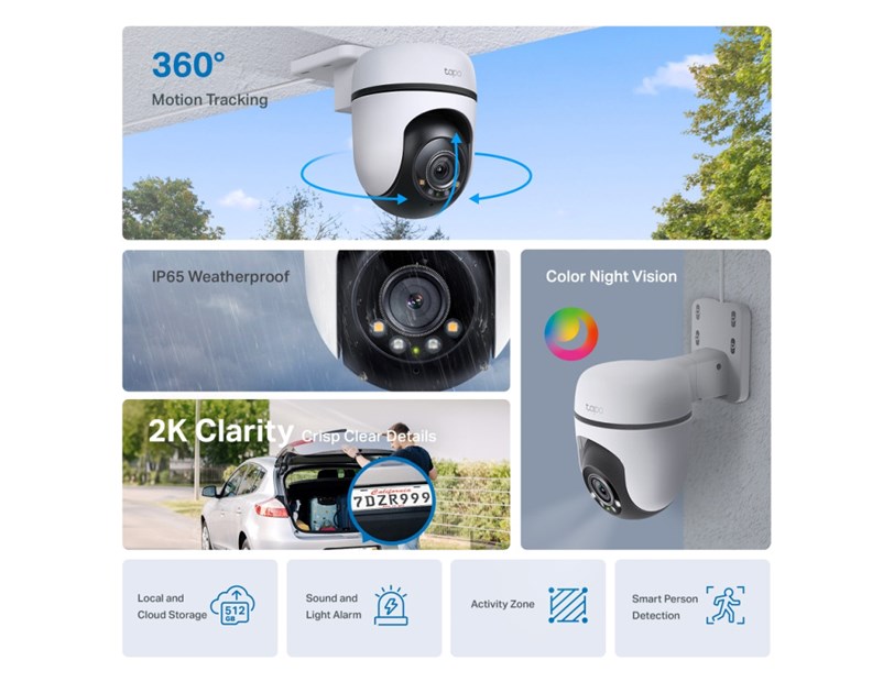 TP-Link Tapo C510W kamera 2K 3MP, H.264, 360°/130° Pan/Tilt, Full-Color Night Vision, microSD, dvosmjerni audio, detekcija pokreta, vodootporna IP65, Wi-Fi, Tapo app